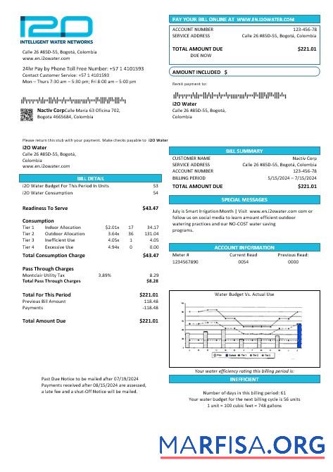Realistic Colombia i2O Water business utility bill template in Word and PDF formats